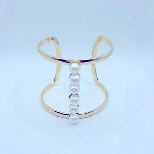 Lisa Freede Gold Tone Pearl Wide Open Cuff Bracelet